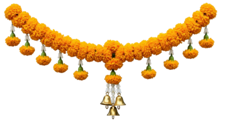 Marigold Garland: A vibrant and decorative marigold garland, a symbol of celebration and festivity, dangles gracefully, presenting a warm and inviting charm.