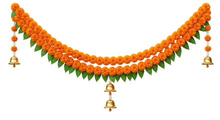 Golden Garland: A vibrant close-up showcases a garland of rich, orange marigold blooms interwoven with verdant leaves, gently adorned with small, gleaming bells.