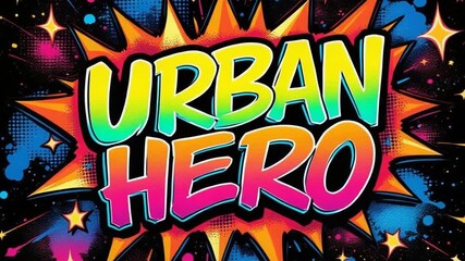 Dynamic 'Urban Hero' text explodes with vibrant comic book style and energetic starbursts, perfect for energetic branding and exciting promotions.