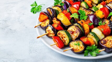 Grilled vegetable skewers on a white plate