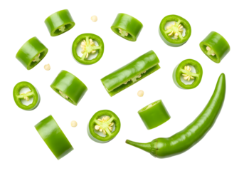 Sliced Green Chili Peppers Fresh sliced green chili peppers arranged on white background. Great for spice, hot food, and cooking ingredient theme