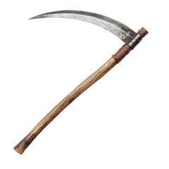 Obraz premium a reaper's scythe with a long curved blade and wooden handle isolated [Transparent Background PNG].