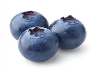 Three fresh blueberries against a white background