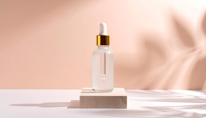 Natural skincare serum in a transparent dropper bottle on a wooden podium with tropical palm leaf shadows on a pastel background