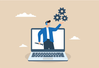 Helpful man wearing headset conversation with customer, assisting in solving computer problem. Concept of support staff in resolving technical issues, help desk or operator, phone calls 