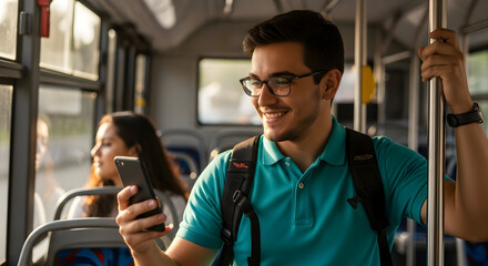 Young man smiling using smartphone on public transport commuting to work happy lifestyle urban transport