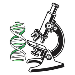 Illustration of a microscope with a dna strand, symbolizing scientific research, medical advancements, and genetic studies in biology