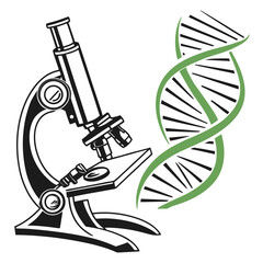 Illustration of a microscope with a dna strand, representing science, research, and medical advancements in biology and genetics