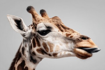 Obraz premium Close-up of a giraffe's head and neck, light brown and white spotted, looking slightly to the side, mouth open