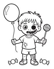 Creepy Zombie Child with Balloon and Candy Halloween Line Art Coloring Page