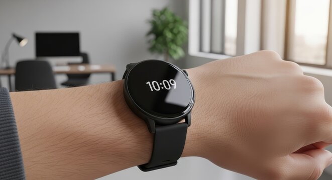 Man checking time on a smartwatch in an office setting