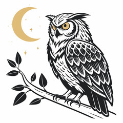Illustration of an owl perched on a branch under the moonlight, showcasing its distinctive features and captivating gaze