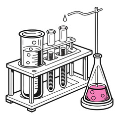Illustration of scientific glassware, including test tubes, beakers, and flasks, used for conducting experiments and research