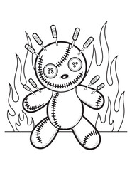 Voodoo Doll in Flames Creepy Halloween Line Art Coloring Page
