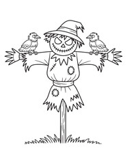 Creepy Scarecrow with Crows Halloween Line Art Coloring Page