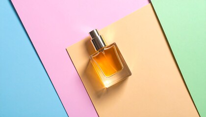 Obraz premium Elegant glass perfume bottle with a luxurious golden liquid, displayed on a creative and colorful pastel paper background for a fresh beauty concept