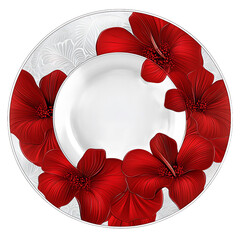 Elegant Plate with Red Floral Design and Silver Rim