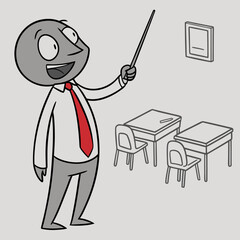 Vector art of a cartoon teacher with a pointer stands in a classroom with desks and a picture on the wall