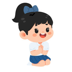 Cartoon Thai Student Kneeling and Praying