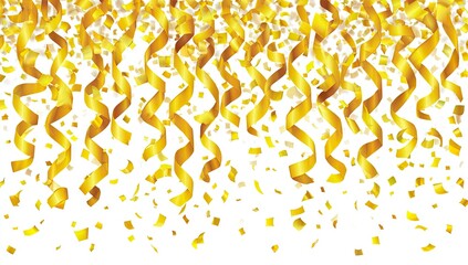 Gold confetti and streamers on white background