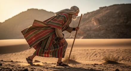 Old man with a stick walking desert at sunset. Biblical prophet or apostle at journey. Story from the holy bible use.
