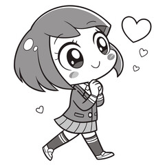 Vector art of a cute anime girl with hearts floating around her, she is wearing a school uniform and has a happy expression on her face