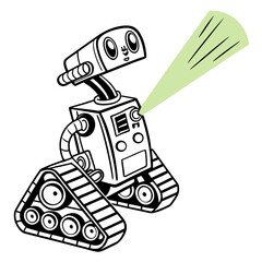 Vector art of a cute robot is emitting a green beam of light, the robot is made of metal and has a boxy head and treads