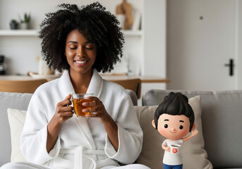 Smiling Black woman relaxing at home with cup of tea and cute 3D cartoon character toy on table