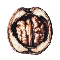 Detailed Illustration of a Walnut with Brain-Like Interior