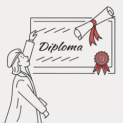 Vector art of a graduate pointing to a diploma, representing academic achievement and the successful completion of their education