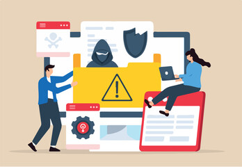 Flat illustration of two people handling data breach incident crisis management and recovering from attacks