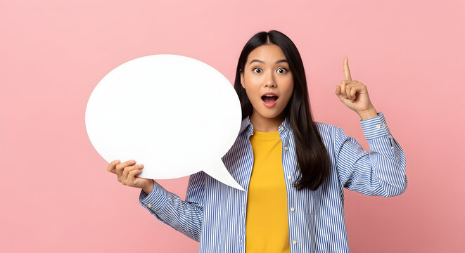 Young woman holding blank speech bubble surprised expression great idea concept communication marketing advertising social media post design template