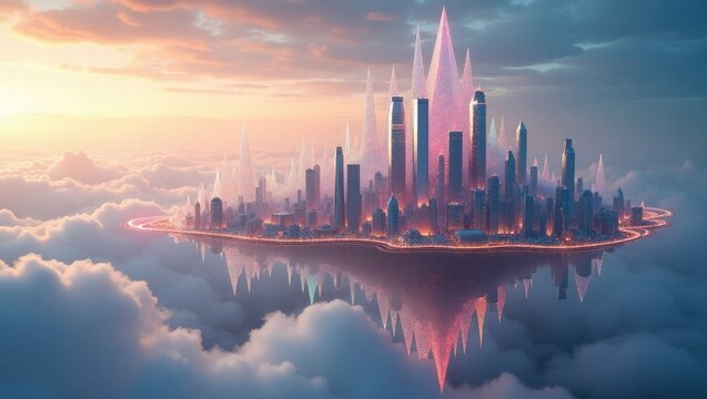 Dreamlike futuristic city floating serenely above soft clouds at sunrise, reflecting shimmering crystalline peaks and vibrant lights on a tranquil surface, inspiring wonder and innovation.