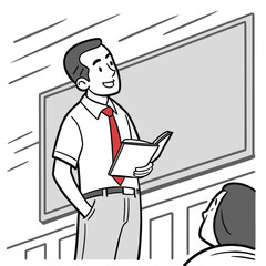 Vector art of a happy teacher is teaching a lesson in the classroom, holding a book and smiling at the students, with a blackboard behind him