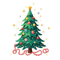 Merry Christmas tree vector illustration with colorful balls and a star on top Transparent Background 