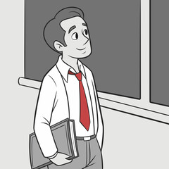 Vector art of a smiling teacher is teaching a lesson in the classroom, holding a book and looking at the blackboard, with a window behind him