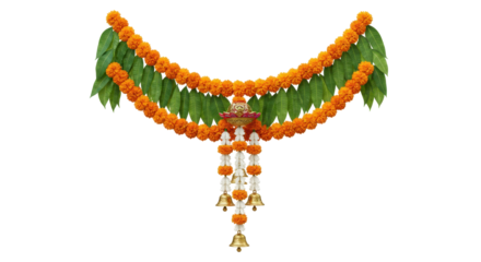 Festive Flower Garland: A beautifully crafted floral garland with vibrant orange marigold and lush green leaves is suspended, exuding an aura of celebration.