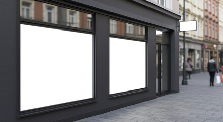 Modern storefront facade with two large blank white windows and a sign for advertising mockups on a city street