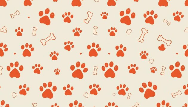 Cute hand-drawn dog paw prints and bones repeating pattern for cheerful backgrounds, dog lover, illustration