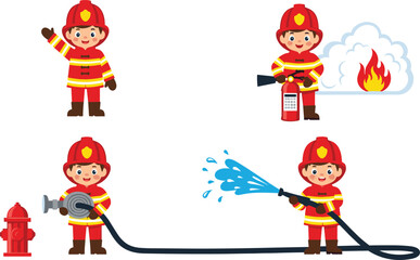 PrintCartoon Firefighter Boy in Red Uniform Using Fire Hose, Extinguisher, Hydrant, and Fighting Flames - Vector Kid Firefighter Illustration