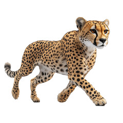 Full body adult cheetah in motion looking sideways isolate on transparent white background