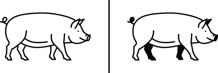 Pig Contour Silhouette Set: Two clean-lined, minimalistic illustrations of pigs against a simple, light backdrop showcase the essence of rustic charm and rural life.