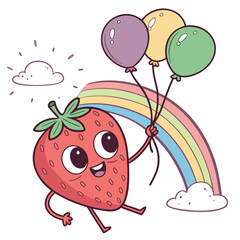Vector art of a whimsical strawberry character floating with balloons under a rainbow, radiating happiness and positivity