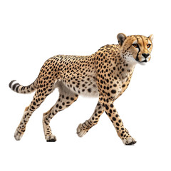 Full body adult cheetah in motion looking sideways isolate on transparent white background