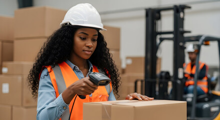Focused female warehouse worker scanning packages efficient logistics inventory management supply chain distribution center female employee hard work dedication professional career