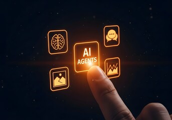 Human finger touching glowing ai interface with digital icons on dark background