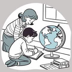 Vector art of a young student is kneeling and writing in a notebook while his mother or teacher is watching him and pointing at a globe