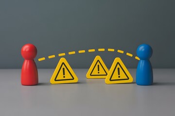 Red and blue figures separated by warning signs; conceptual image of risk, communication breakdown, and conflict resolution.