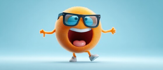 Fototapeta premium Cheerful cartoon character with sunglasses, smiling and dancing, vibrant and playful animated expression on bright blue background