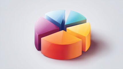 Obraz premium Glossy 3D pie chart segments in orange yellow teal blue and purple against a smooth gradient light gray background